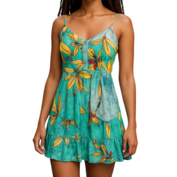 MORENA ROSA Floral SunDress Teal Sweetheart Neck Ruffle Spaghetti Strap Size S - Picture 1 of 12